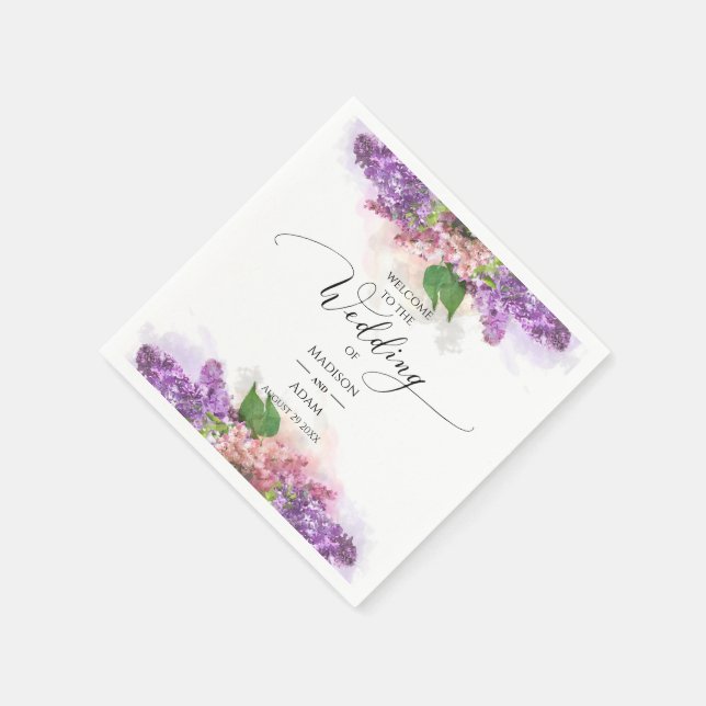 Purple and Pink Watercolor Lilac Flowers Wedding Napkin (Corner)