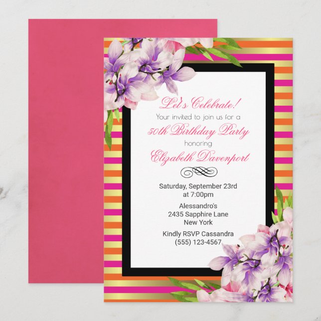 Purple and Pink Watercolor Magnolia Birthday Invitation (Front/Back)