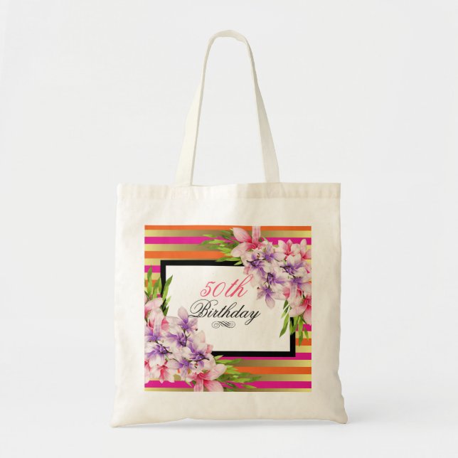 Purple and Pink Watercolor Magnolia Birthday Tote Bag (Front)