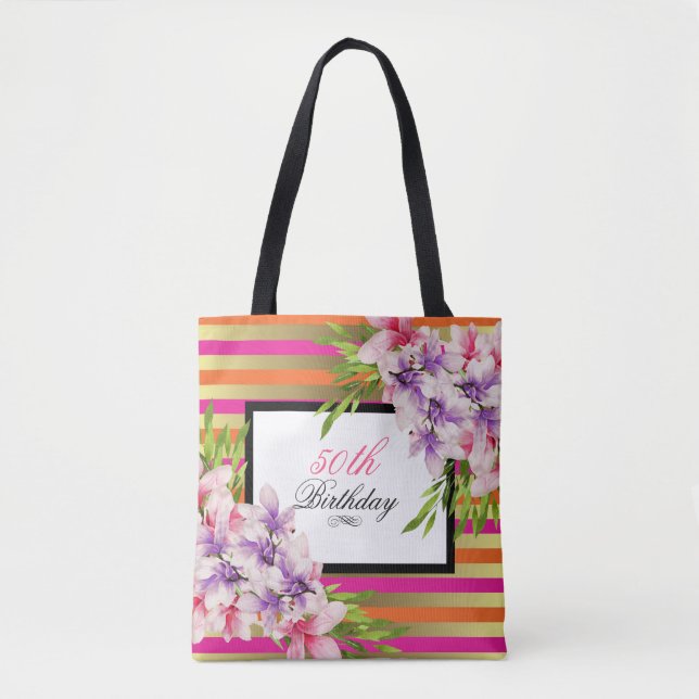 Purple and Pink Watercolor Magnolia Birthday Tote Bag (Front)