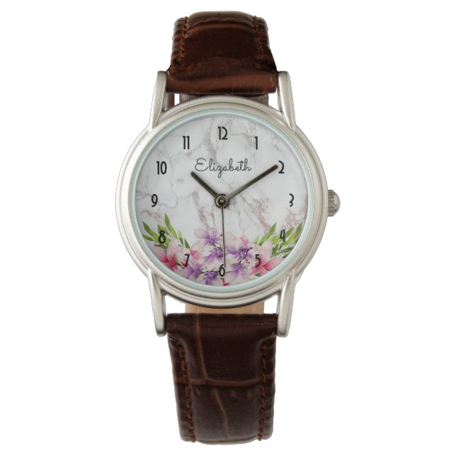 Purple and Pink Watercolor Magnolia White Marble Watch (Front)