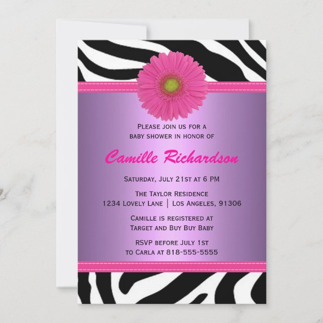 Purple and Pink, Zebra, Girl Baby Shower Invitation (Front)