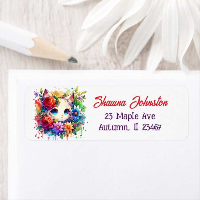 Purple and Red Anime Cat and Flowers (Insitu)