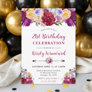 Purple and Red Summer Flowers 21st Birthday Invitation