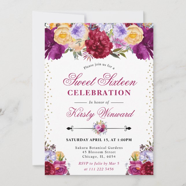 Purple and Red Summer Flowers Sweet Sixteen Invitation (Front)