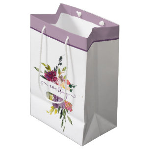 Purple and red watercolor floral personalised  medium gift bag