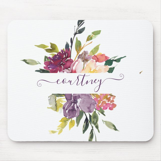 Purple and red watercolor floral personalised mouse pad (Front)