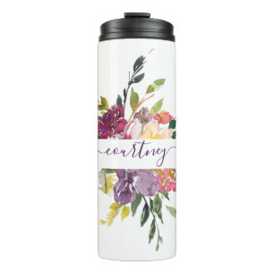 Purple and red watercolor floral personalised thermal tumbler