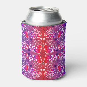 Purple and Red Whimsical Romantic Hearts pattern Can Cooler