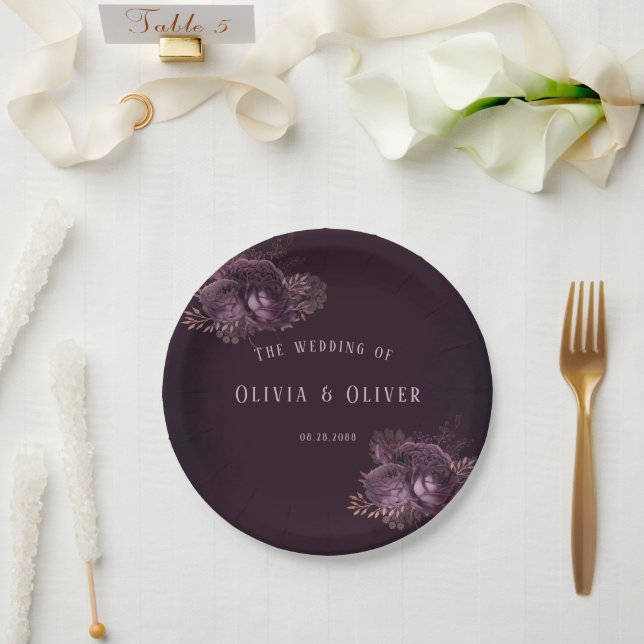 Purple and Rose Gold Peony Floral Wedding Paper Plate (Wedding)