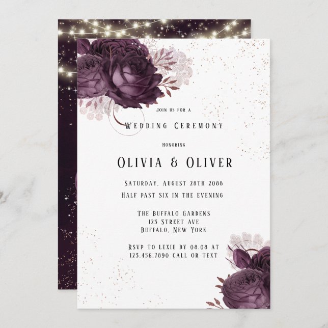 Purple and Rose Gold Peony Lights Glitter Wedding  Invitation (Front/Back)