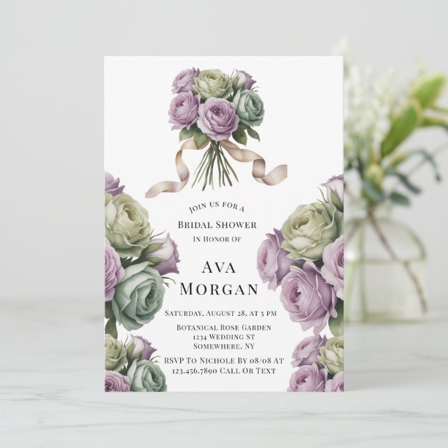 Purple and Sage Green Roses Bridal Shower Invitation (Standing Front)