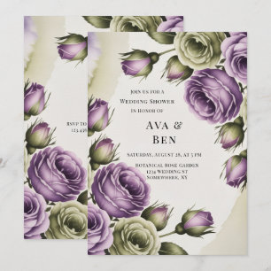 Purple and Sage Green Roses Painted Wedding Shower Invitation