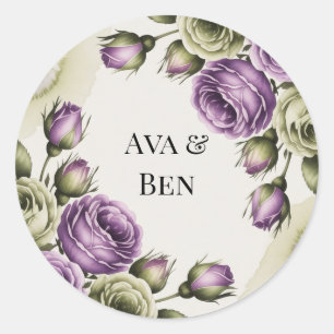 Purple and Sage Green Roses Watercolor Wedding Classic Round Sticker