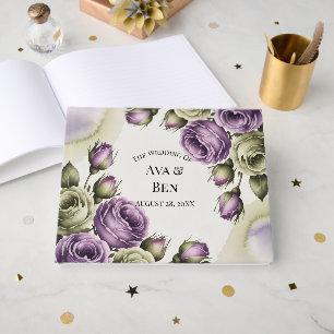Purple and Sage Green Roses Watercolor Wedding Guest Book