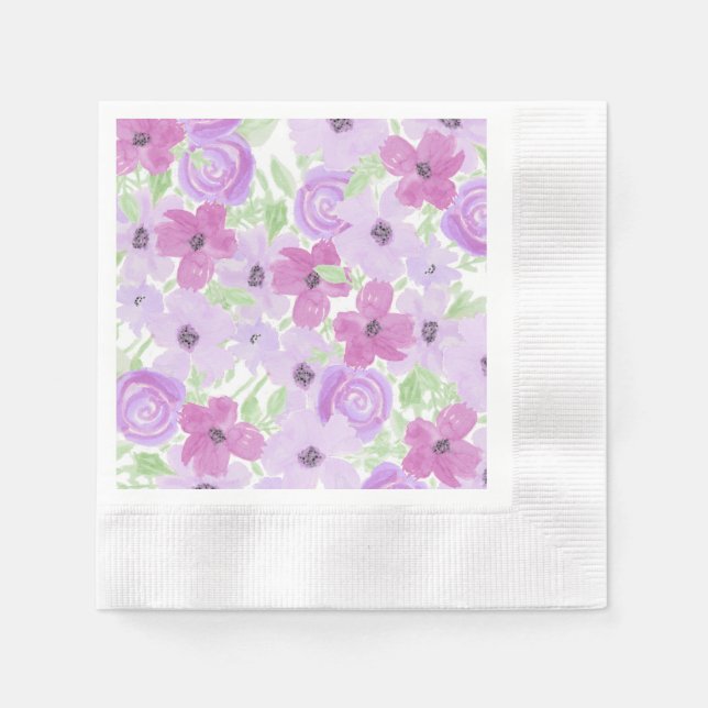 Purple and Sage Green Watercolor Floral Napkin (Front)