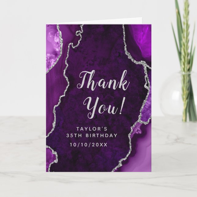 Purple and Silver Agate Birthday Thank You Card (Front)