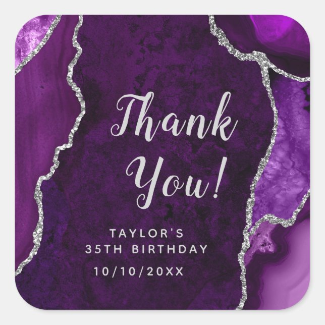 Purple and Silver Agate Birthday Thank You Square Sticker (Front)