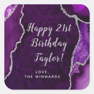 Purple and Silver Agate Happy Birthday Square Sticker