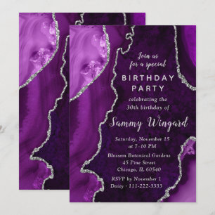 Purple and Silver Agate Marble 30th Birthday Party Invitation