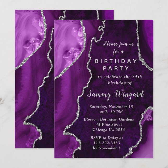 Purple and Silver Agate Marble Birthday Party Invitation (Front/Back)