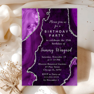 Purple and Silver Agate Marble Birthday Party Invitation