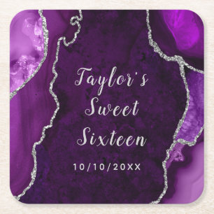 Purple and Silver Agate Marble Sweet Sixteen Square Paper Coaster