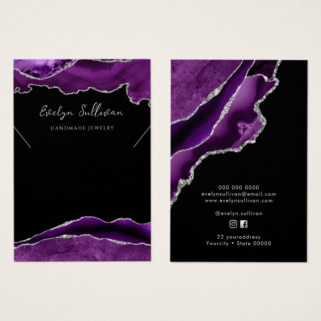 Purple and silver agate necklace display card (Front & Back)