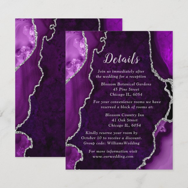 Purple and Silver Agate Wedding Details Enclosure Card (Front/Back)
