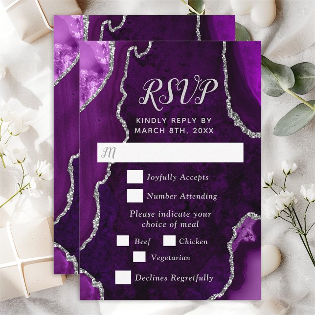 Purple and Silver Agate Wedding Meal Choice RSVP Card (Creator Uploaded)