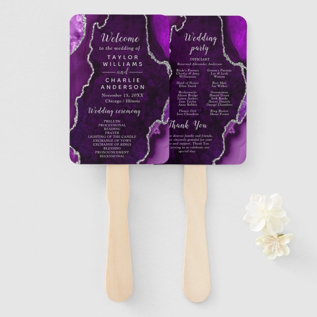 Purple and Silver Agate Wedding Program Hand Fan (Front and Back)