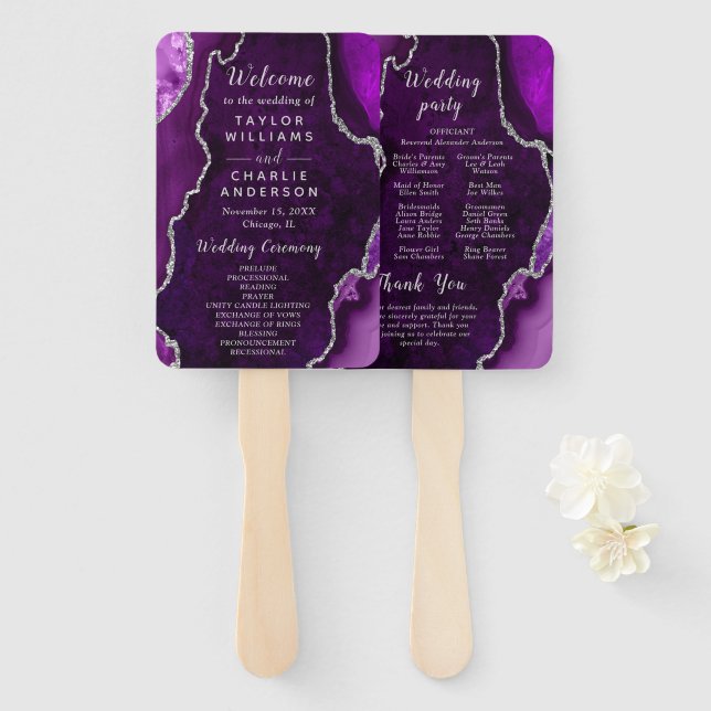 Purple and Silver Agate Wedding Program Hand Fan (Front and Back)