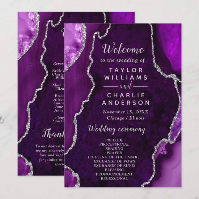 Purple and Silver Agate Wedding Program Programme (Front/Back)