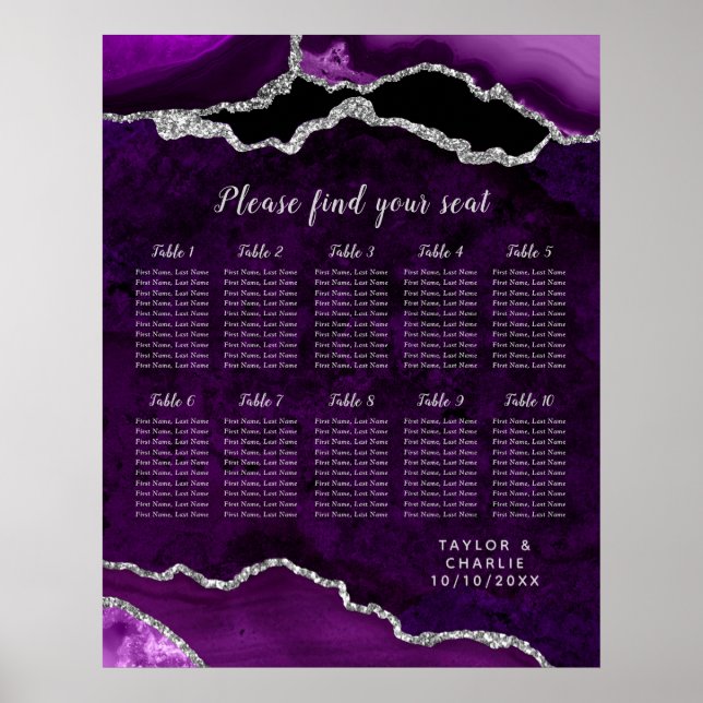 Purple and Silver Agate Wedding Seating Chart (Front)