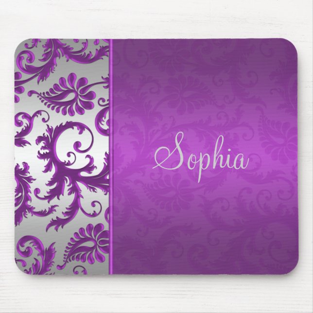 Purple and Silver Damask Mousepad (Front)