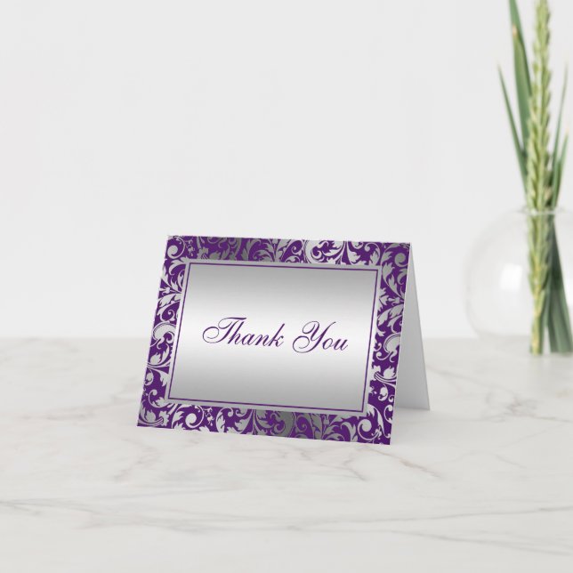 Purple and Silver Damask Swirls Thank You Card (Front)