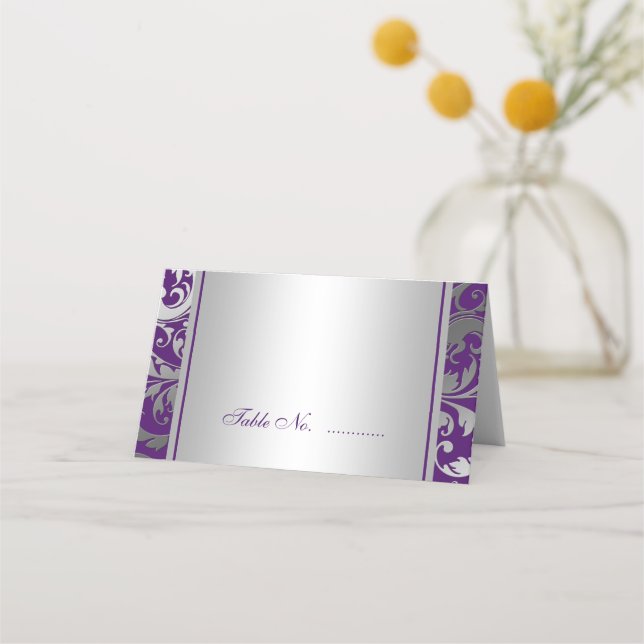 Purple and Silver Damask Swirls Wedding Folded Place Card (Front)