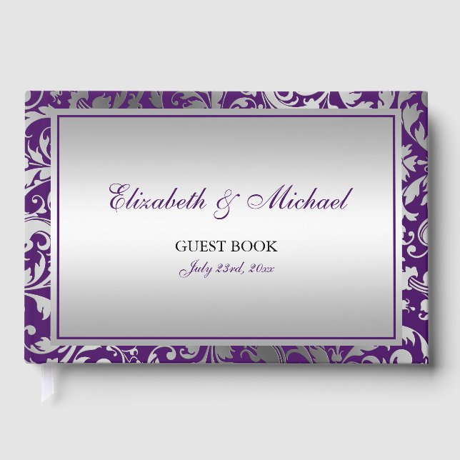 Purple and Silver Damask Swirls Wedding Guest Book (Front)