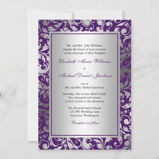 Purple and Silver Damask Swirls Wedding Invitation (Front)