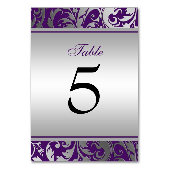 Purple and Silver Damask Swirls Wedding Table Number (Front)