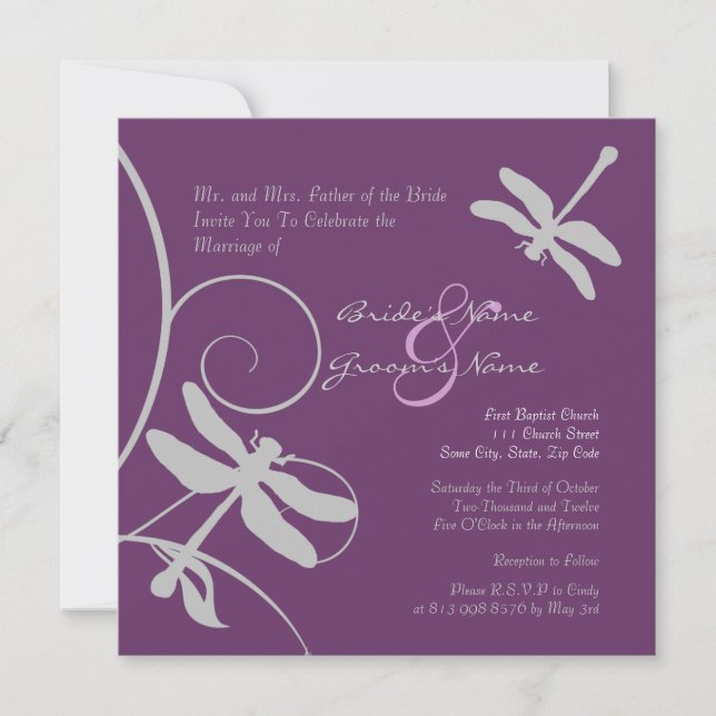 Purple and Silver Dragonfly Wedding Invitation (Front)