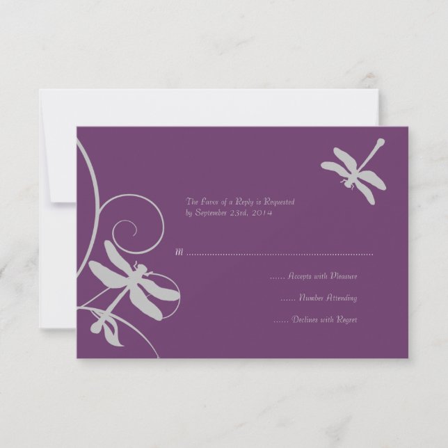 Purple and Silver Dragonfly Wedding RSVP Card (Front)