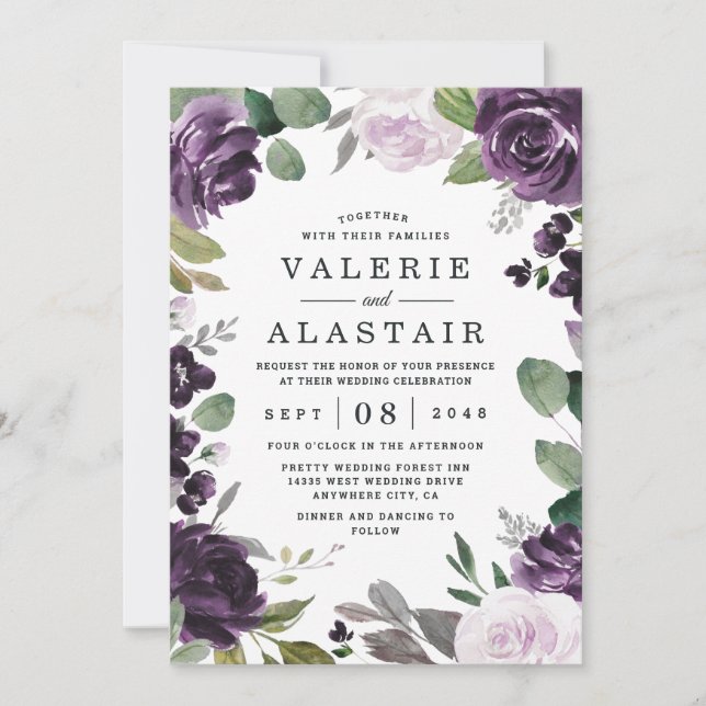 Purple and Silver Elegant Floral White Wedding Invitation (Front)