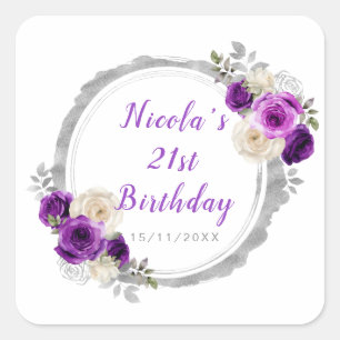 Purple and Silver Elegant Flower Birthday Party Square Sticker