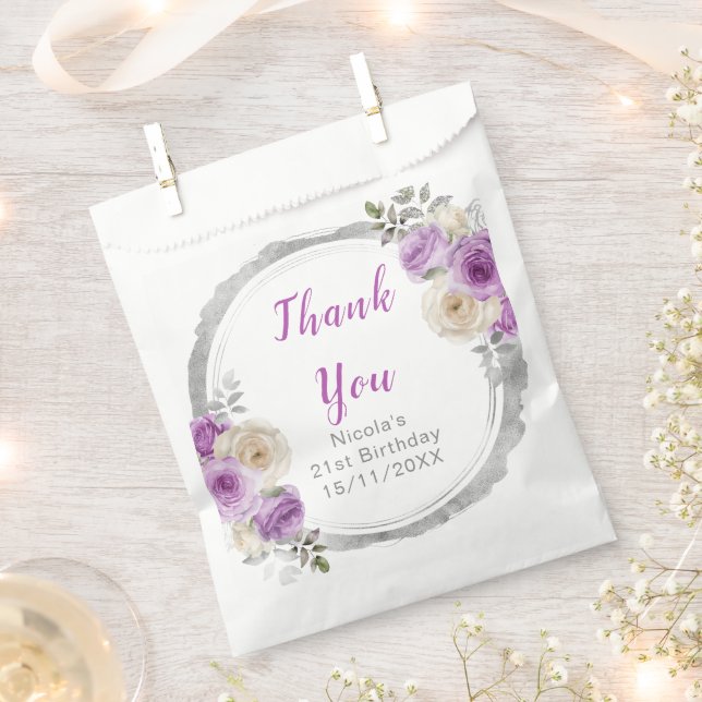 Purple and Silver Elegant Flowers Birthday Favour Bags (Clipped)