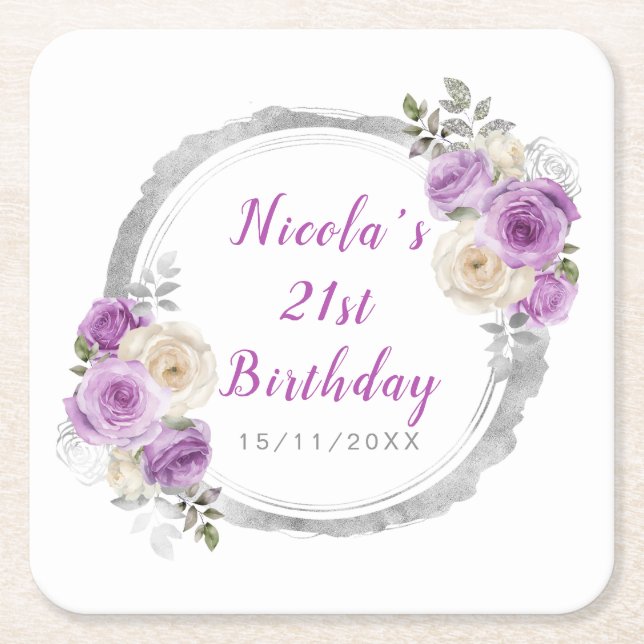 Purple and Silver Elegant Flowers Birthday Square Paper Coaster