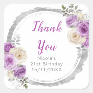 Purple and Silver Elegant Flowers Birthday Square Sticker