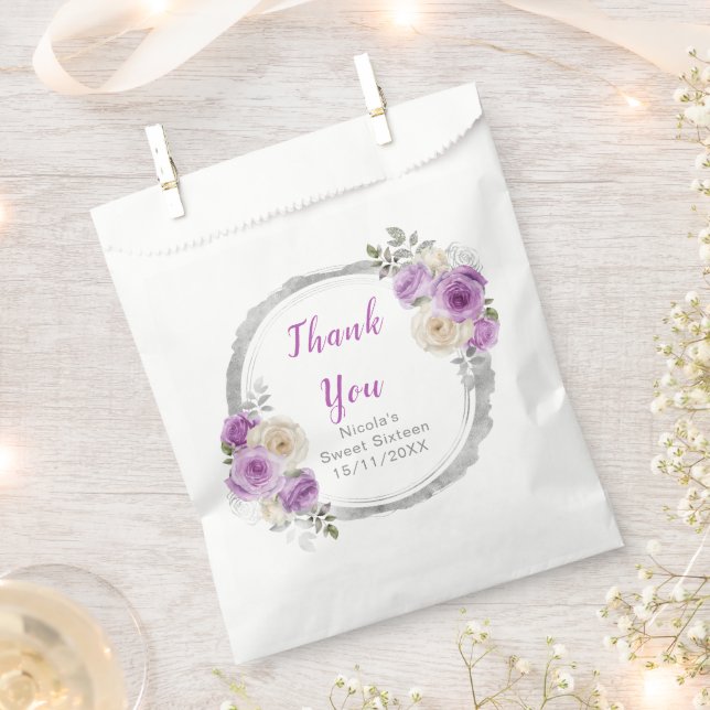 Purple and Silver Elegant Flowers Sweet Sixteen Favour Bags (Clipped)