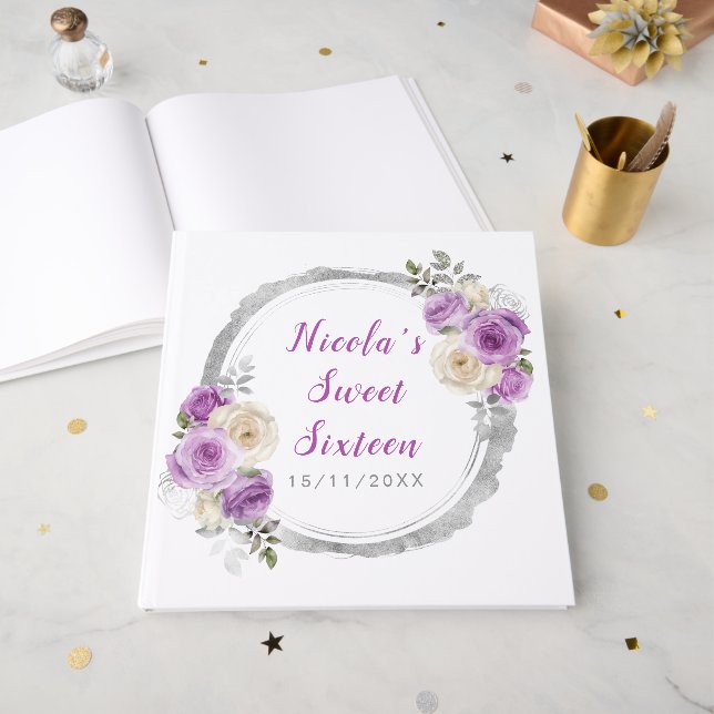 Purple and Silver Elegant Flowers Sweet Sixteen Guest Book (Front Open)