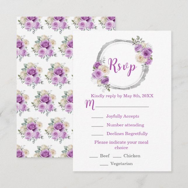 Purple and Silver Elegant Flowers Sweet Sixteen RSVP Card (Front/Back)